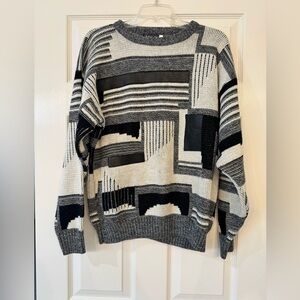 Vintage 80’s Ashley Knit Black and White Geometric Sweater with Leather Accents